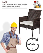 Load image into Gallery viewer, MIERES Patio Furniture Sets 4 Pieces-Sturdy Wicker Outdoor Indoor Conversation Bistro |304 Metal Feet | Bench Seat Two Rattan Chairs One Glass Top Table |for Porch Backyard, Brown