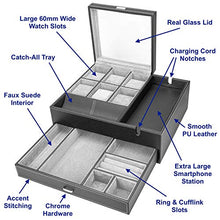 Load image into Gallery viewer, HOUNDSBAY Commander Dresser Valet Watch Box Case & Mens Jewelry Box Organizer with Smartphone Charging Station (Black/Gray)