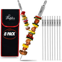 Load image into Gallery viewer, FLAFSTER KITCHEN Skewers for Grilling- 16" Long Flat BBQ Skewers with Push Bar- Shish Kabob Skewers - Stainless Steel Skewer Sticks for Camping - Wide Reusable Sword Skewers - 8 Pack with Storage Bag