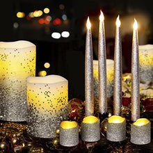 Load image into Gallery viewer, Furora LIGHTING Silver Glitter Flameless Candles Battery Operated, Remote Controlled Pillar Candles and Votive Candles Bundle with 4 Pack Silver Taper Candles with Timer for Christmas Table Decoration