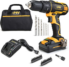 Load image into Gallery viewer, MOTORHEAD 20V ULTRA Cordless Drill Driver, Lithium-Ion, ½” Keyless Chuck, 16+1+1 Clutch, 2-Speed Transmission, Variable Speed Trigger, Built-in LED, 2Ah Battery, Charger, 22 Accessory Bits, USA-Based