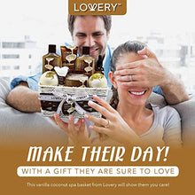 Load image into Gallery viewer, Bath and Body Gift Basket For Women and Men – 9 Piece Set of Vanilla Coconut Home Spa Set, Includes Fragrant Lotions, Extra Large Bath Bombs, Coconut Oil, Luxurious Bath Towel & More