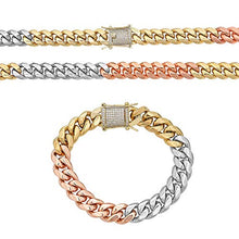 Load image into Gallery viewer, Tri Color Cuban Chain Or Bracelet - Heavy 12mm with Diamond Clasp- Mens Miami Cuban - Yellow Rose & White Gold Over Stainless Steel (20" Chain)