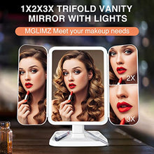 Load image into Gallery viewer, MGLIMZ Trifold Makeup Vanity Mirror with Lights 1x/2x/3x Magnification Lighted Make Up Mirror LED Desk Mirror with Stand Touch Screen 180 Degree Rotation Dual Power Portable Light Up Cosmetic Mirror