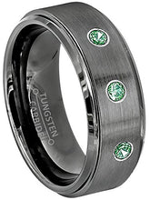 Load image into Gallery viewer, Jewelry Avalanche 0.21ctw Emerald 3-Stone Mens Tungsten Ring - May Birthstone Ring - 8MM Brushed Gunmetal (Dark Gray) Mens Tungsten Carbide Wedding Band, Anniversary Ring - 7