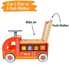 Load image into Gallery viewer, Pidoko Kids Ride On Fire Truck - Wooden Push and Pull Walker Cart - Balance Wagon Toy for Toddlers Boys & Girls age 18 Months and up