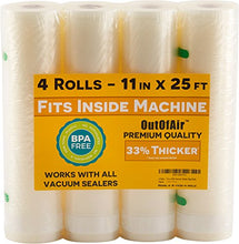 Load image into Gallery viewer, 11" x 25' Rolls (Fits Inside Machine) - 4 Pack (100 feet total) OutOfAir Vacuum Sealer Rolls. Works with FoodSaver Vacuum Sealers. 33% Thicker, BPA Free, Sous Vide, Commercial Grade
