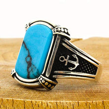 Load image into Gallery viewer, Solid 925 Sterling Silver Rings for Men Turkish Handmade Simulated Turquoise Anchor Luxury Design Premium Quality (9)
