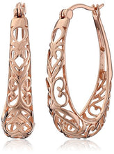 Load image into Gallery viewer, 14k Rose Gold Plated Sterling Silver Filigree Oval Hoop Earrings