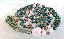 Load image into Gallery viewer, Energized Natural 108 Moss Agate Mala Beads Necklace, 8 mm Bracelet, Dark Green Moss Agate, Mala Bead, Stretch Bracelet, Heart Chakra, Hand Knotted Wrap Mala (Knotted Moss Agate & Rose Quartz Mala)
