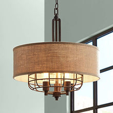 Load image into Gallery viewer, Tremont Rust Cage Pendant Chandelier 20" Wide Industrial Rustic Tan Burlap Drum Shade 3-Light Fixture for Dining Room House Foyer Kitchen Island Entryway Bedroom Living Room - Franklin Iron Works