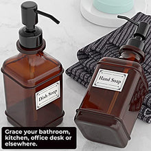 Load image into Gallery viewer, GLADPURE Soap Dispenser 2 Pack, Hand Soap Dispensers with 18 Oz Antique Design Thick Amber Glass Bottle, 316 Rust Proof Stainless Steel Black Pump, 6Pcs Stickers, for Lotion, Soap, Essential Oil