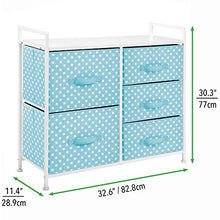 Load image into Gallery viewer, mDesign Wide Dresser 5 Drawers Storage Furniture - Wood Top, Easy Pull Fabric Bins - Organizer for Child/Kids Room or Nursery - Polka Dot Pattern, 32.6" W - Turquoise Blue with White Dots