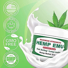 Load image into Gallery viewer, Hemp Emu Cream - Made In USA - Natural Hemp Cream Soothes Discomfort in Joints, Muscles, Back, Knees - Premium Hemp Oil Extract, Emu Oil, Menthol, Eucalyptus & Natural Oils - 4oz