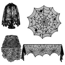 Load image into Gallery viewer, Shan-S Halloween Decorations Set of 4,Halloween Lace Spider Web Table Runner,Round Table Cover,Fireplace Mantle Scarf and Lamp Shades for Festival Ornament Party DIY Haunted House Decoration