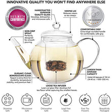 Load image into Gallery viewer, Teabloom Stovetop & Microwave Safe Glass Teapot (40 OZ / 1.2 L) with Removable Loose Tea Glass Infuser – Includes 2 Blooming Teas – 2-in-1 Tea Kettle and Tea Maker (Holds 4-5 Cups)