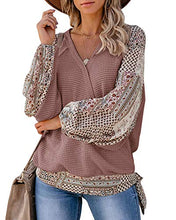 Load image into Gallery viewer, Womens Boho Patchwork Blouse Tops Waffle Knit Wrap Cross Puff Sleeve Tie Knot V Neck Summer Shirts (Pale Mauve, X-Large)