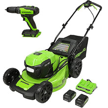 Load image into Gallery viewer, Greenworks 48V 20" Brushless Cordless Self-Propelled Lawn Mower + 24V Brushless Drill / Driver, (2) 5.0Ah USB Batteries (USB Hub) and Dual Port Rapid Charger Included (2 x 24V)