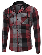 Load image into Gallery viewer, Plaid Flannel Long Sleeves Button Closure Hoodie Shirt Burgundy Black XL
