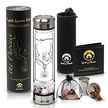 Load image into Gallery viewer, Phoenix Crystal Water bottle, a Loose Leaf Tea Infuser Bottle, double wall glass for hot and cold drinks. Natural Large Rose Quartz Crystal and Amethyst Stone. Eco-friendly & relaxing gifts for women