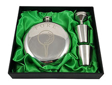 Load image into Gallery viewer, Palm City Products Golf Flask Gift Set - 10 oz Round Flask Engraved with Fore - Great Gift for Golfers