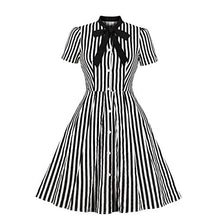 Load image into Gallery viewer, Wellwits Women's Stripes Print Tie Neck Pocket Vintage Button Down Shirt Dress M Black