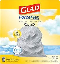 Load image into Gallery viewer, Glad ForceFlex Tall Kitchen Drawstring Trash Bags – 13 Gallon Trash Bag, Fresh Clean scent with Febreze Freshness – 110 Count (Package May Vary)
