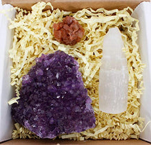 Load image into Gallery viewer, Dancing Bear Amethyst Cluster Cut Base (1/2lb to 1lb), Aragonite Cluster, Selenite Tower, Healing Crystal (3 Pc Set) Premium Grade A, Bohemian Home Décor, Natural Good Vibes, Metaphysical Info Cards