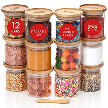 Load image into Gallery viewer, Glass Spice Jars with Bamboo Lids Set of 12 - 5 oz Airtight Glass Jar Storage Containers Stackable Wood Lid - Shatterproof Glass Canisters for Kitchen Pantry Organization, Herbs, Candy, Dry Food