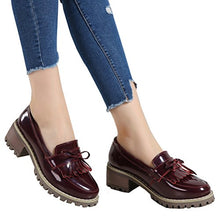 Load image into Gallery viewer, DADAWEN Women's Classic Tassel Slip-On Platform Mid-Heel Square Toe Oxfords Dress Shoes Wine Red US Size 5