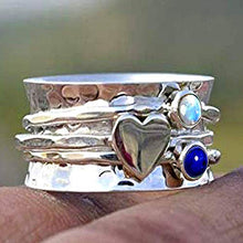 Load image into Gallery viewer, Amethyst and Moonstone Spinner Ring, 925 Sterling Silver Heart Designer Ring, Wide Band Ring, Hammered Meditation Ring (OPTIONS AVAILABLE FOR GEMSTONE & HEART)
