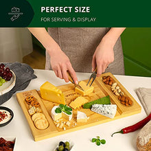Load image into Gallery viewer, Unique Bamboo Cheese Board, Charcuterie Platter and Serving Tray for Wine, Crackers, Brie and Meat. Large and Thick Natural Wooden Server - Fancy House Warming Gift & Perfect Choice for Gourmets