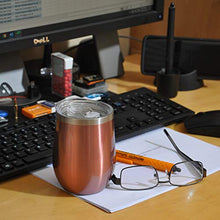 Load image into Gallery viewer, Carpe 12 oz Stemless Insulated Wine Glass Tumbler with Sliding Lid and Straw, Spill Proof Stainless Steel Double-Wall Wine Tumbler Cups for Champaign, Cocktail, Coffee, Drinks, Set of 2 (Rose Gold)