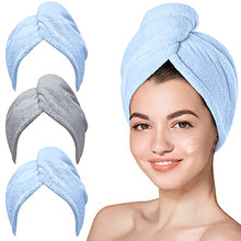 Load image into Gallery viewer, Microfiber Hair Towel,Hicober 3 Packs Hair Turbans for Wet Hair, Drying Hair Wrap Towels for Curly Hair Women Anti Frizz(Blue,Blue,Grey)