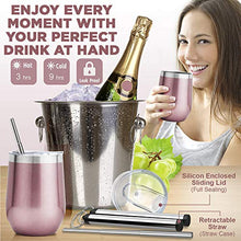 Load image into Gallery viewer, Carpe 12 oz Stemless Insulated Wine Glass Tumbler with Sliding Lid and Straw, Spill Proof Stainless Steel Double-Wall Wine Tumbler Cups for Champaign, Cocktail, Coffee, Drinks, Set of 2 (Rose Gold)