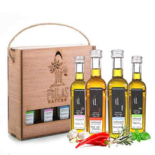 Load image into Gallery viewer, Pellas Nature, Organic Herbs Infused Greek Extra Virgin Olive Oil Set, Finishing Oil Flavors Basil Garlic, Red Pepper, Rosemary, Wooden Combo Set, All-Natural, No-Additives, 4 X 50 ml (1.7 oz.) Bottles