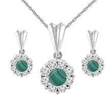 Load image into Gallery viewer, Sabrina Silver 14K White Gold Natural Malachite Earrings and Pendant Set with Diamond Halo Round 4 mm