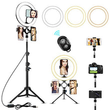 Load image into Gallery viewer, 10" LED Selfie Ring Light with 2 Tripod Stand & 3 Cell Phone Holder 3 Lighting Modes 10 Dimmable Brightness for Live Streaming YouTube Video Photography Makeup Circle Light for iPhone Android Camera
