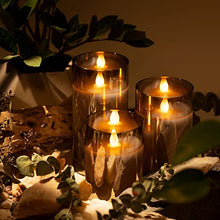 Load image into Gallery viewer, WYZworks Silver Gray Metallic LED Tinted Glass Mirrored Flickering Flameless Pillar Candles, Set of 3 w/Remote Control, Timer, Realistic Flicker/Static Mode, Battery Operated, Adjustable Brightness