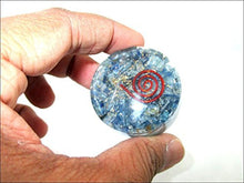 Load image into Gallery viewer, Jet Blue Kyanite Orgone Tower Buster Orgonite Piezo Electric EMF Protection Generator Frequency Ions Tested Cloud Chem Buster 40 Page Jet International Crystal Therapy Booklet