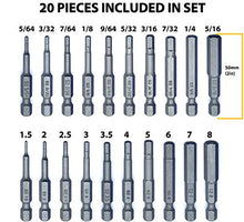 Load image into Gallery viewer, VETCO Magnetic Hex Allen Wrench Drill Bit Set, 20-Piece, With Extra Long Bits, Metric and SAE