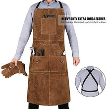 Load image into Gallery viewer, eletecpro Woodworking Apron Heavy Duty Durable - Length 42" 6 Pockets Leather Welding Apron & Welding Gloves Cowhide Fire/Heat Resistant Shop Apron Men/Women(Brown)