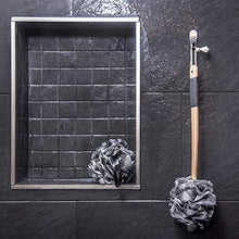 Load image into Gallery viewer, Toem Loofah Back Scrubber For Shower | Bamboo Charcoal Fiber Infused | Bath Sponge | Lufas For Men & Women | Includes 1 Long Handled Shower Sponge, 1 Bath & Shower Luffa Pouf & 1 Hook To Hang Stuff