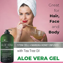 Load image into Gallery viewer, Aloe vera Gel - from 100% Pure Organic Aloe Infused with Manuka Honey, Stem Cell, Tea Tree Oil - Natural Raw Moisturizer for Face, Body, Hair. Perfect for Sunburn, Acne, Razor Bumps 16.9 fl oz