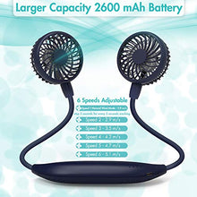 Load image into Gallery viewer, Neck Fan 2600mah Battery Operated Neckband Fan 6-Speed Hand-Free Wearable Personal USB Fan for Hot Flashes Home Office Travel Outdoor Sports (Navy Blue)