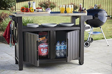 Load image into Gallery viewer, Keter Unity XL Portable Outdoor Table and Storage Cabinet with Hooks for Grill Accessories-Stainless Steel Top for Patio Kitchen Island or Bar Cart, Espresso Brown