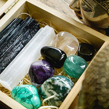 Load image into Gallery viewer, Crystalya Premium Grade Crystals and Healing Stones for Protection EMF in Wooden Box– Obsidian, Fluorite, Malachite, Hematite, Amethyst, Tree Agate, Quartz, Selenite, Tourmaline Gemstones + Info Guide