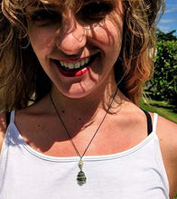 Load image into Gallery viewer, MOLDAVITE & RHODIZITE NECKLACE Wire Wrap 925 Silver on a 19" Durable Black Silk Chain! Metaphysical Reiki Healing Energy Genuine Czech Synergy 12 Crystal Pendant Tektite!