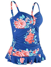 Load image into Gallery viewer, Hilor Women's 50's Retro Ruched Tankini Swimsuit Top with Ruffled Hem Navy&red Floral 18