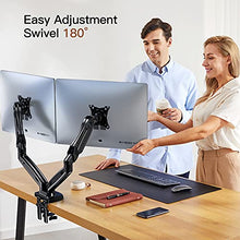 Load image into Gallery viewer, HUANUO Dual Monitor Stand, Adjustable Spring Monitor Desk Mount Swivel Vesa Bracket with C Clamp/Grommet Mounting Base for 17 to 27 Inch Computer Screens, Each Arm Holds 4.4 to 14.3lbs